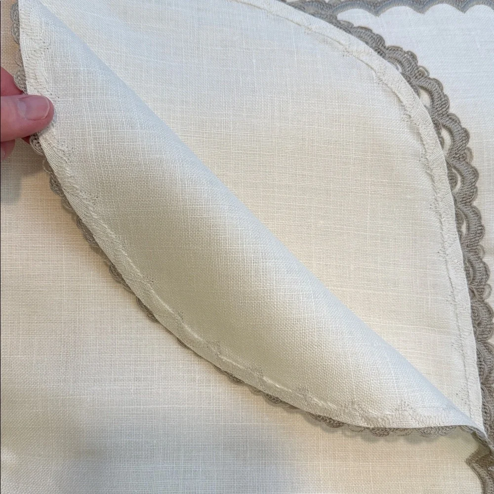 Vintage Linen Tablecloth & 8 Napkins Set Scalloped Crochet Trim Ivory